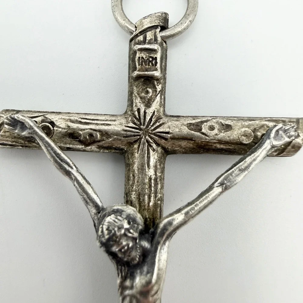 Vintage Italy Silver Tone Bark Large Jesus Crucifix Pendant INRI 4 Inch Goth